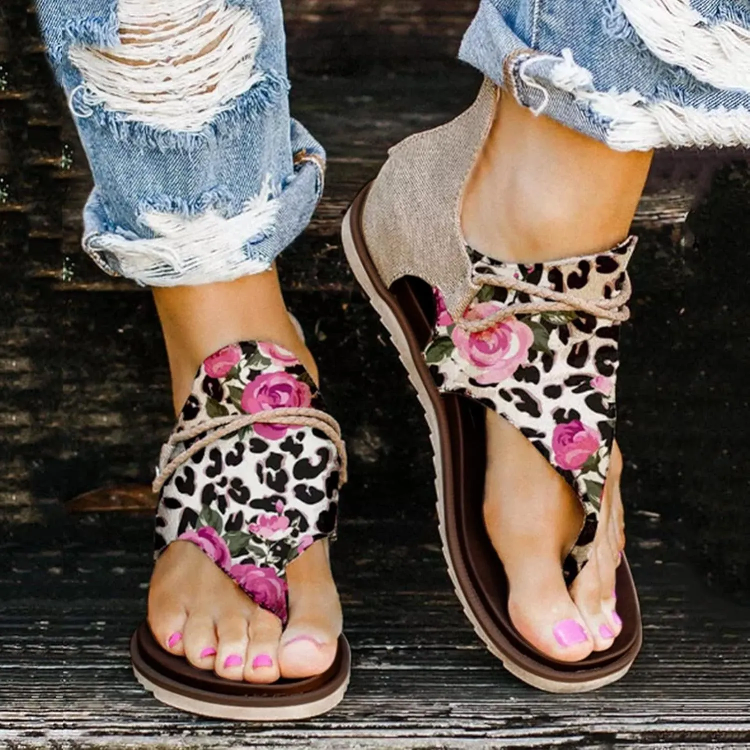 Eduavar Wedge Sandals for Women, Sandals for Women Lace Trim Ring Toe Floral Flat Sandals Dressy Summer Beach Sandals