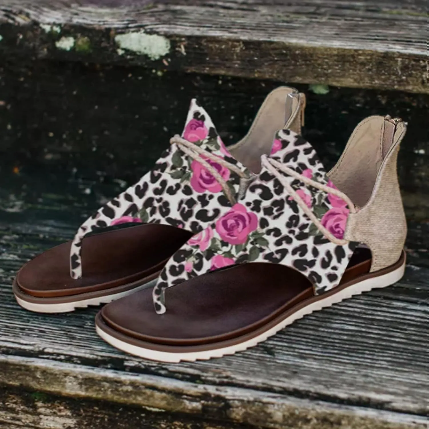 Eduavar Wedge Sandals for Women, Sandals for Women Lace Trim Ring Toe Floral Flat Sandals Dressy Summer Beach Sandals