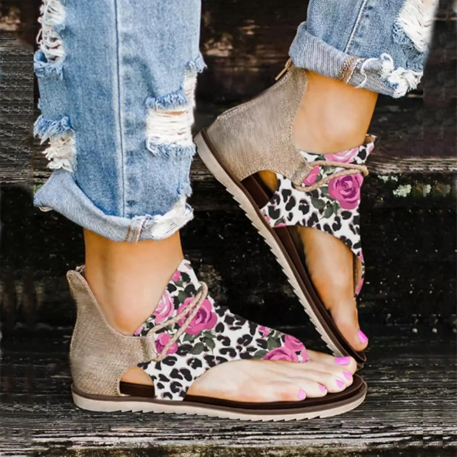 Eduavar Wedge Sandals for Women, Sandals for Women Lace Trim Ring Toe Floral Flat Sandals Dressy Summer Beach Sandals