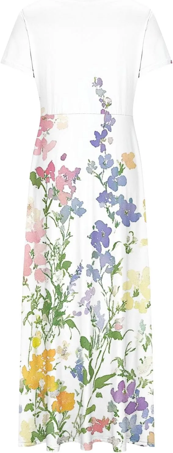Elegant Printed Dress for Women Short Sleeve Round Neck Maxi Skirts Pockets A-line Long Dresses Prom Daily Wear