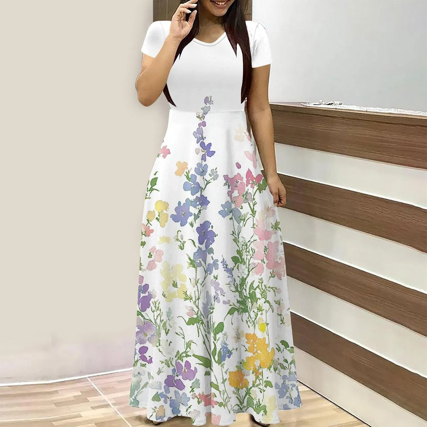 Elegant Printed Dress for Women Short Sleeve Round Neck Maxi Skirts Pockets A-line Long Dresses Prom Daily Wear