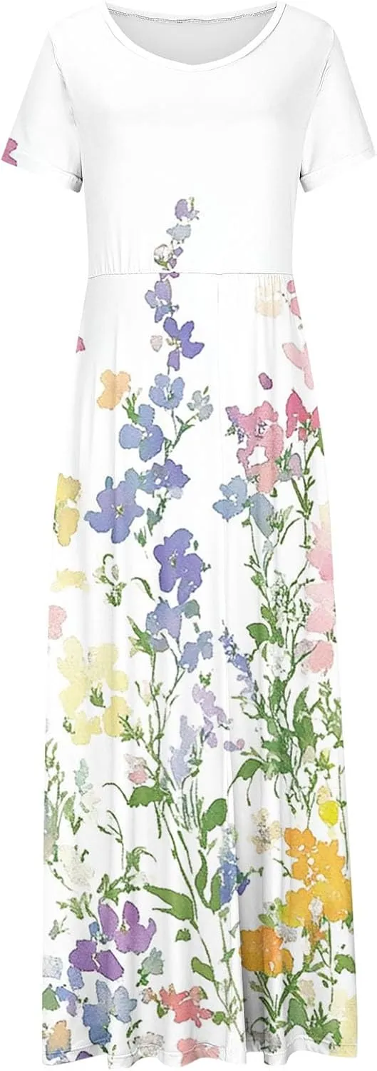 Elegant Printed Dress for Women Short Sleeve Round Neck Maxi Skirts Pockets A-line Long Dresses Prom Daily Wear