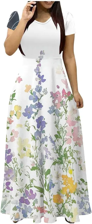 Elegant Printed Dress for Women Short Sleeve Round Neck Maxi Skirts Pockets A-line Long Dresses Prom Daily Wear