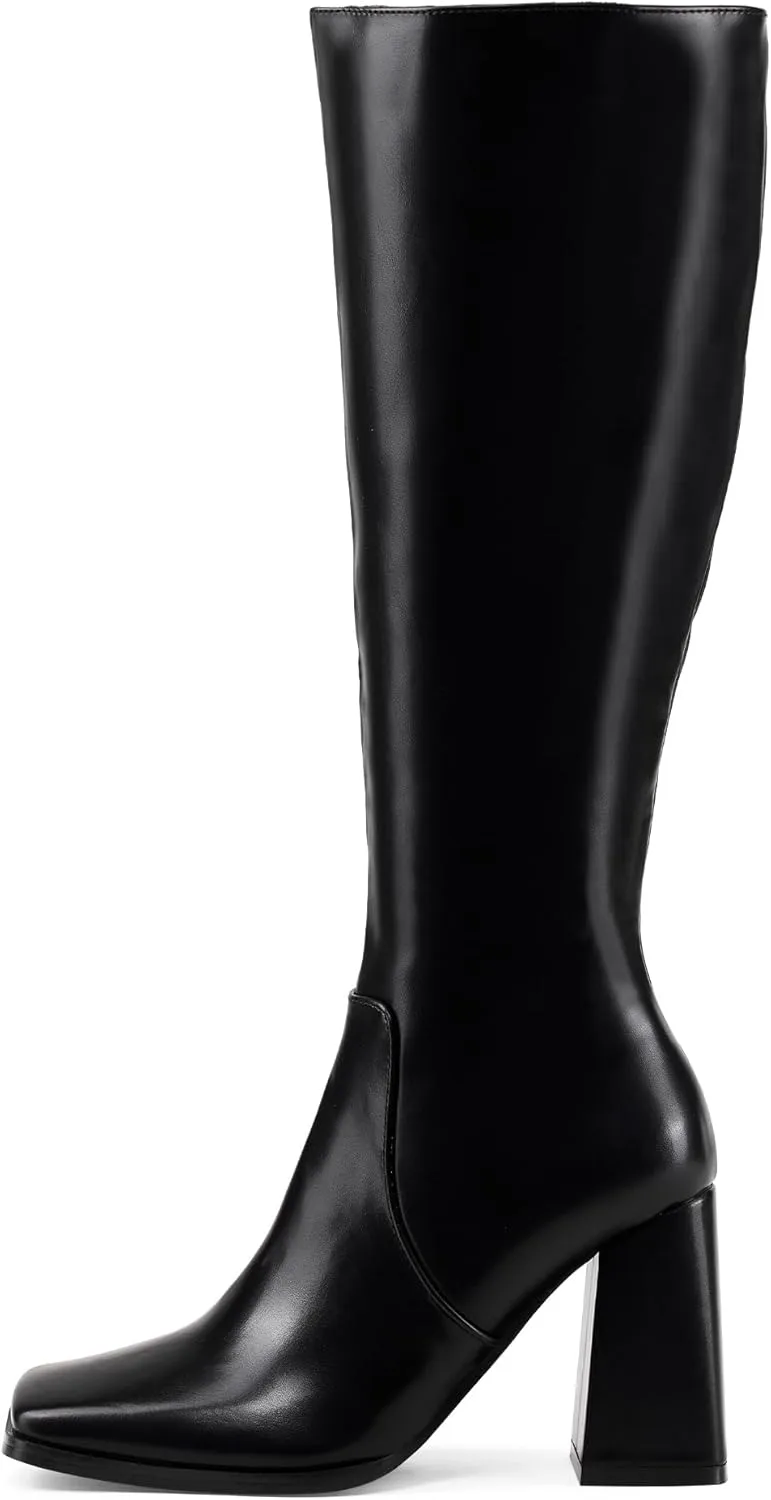 Elisabet Tang Casual Classic Knee High Long Boots Square toe 4IN for Women - Trendy Daily Chunky Block Heel Tall Dressy Boots Comfortable