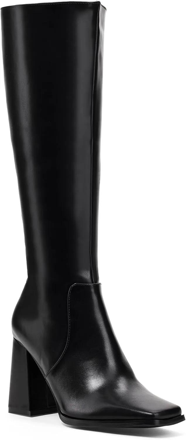 Elisabet Tang Casual Classic Knee High Long Boots Square toe 4IN for Women - Trendy Daily Chunky Block Heel Tall Dressy Boots Comfortable