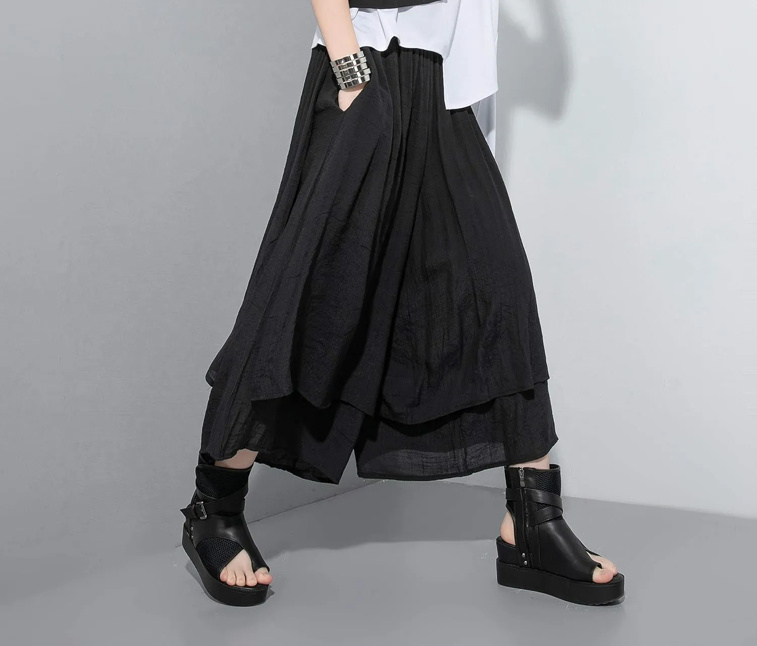 ellazhu Women's Loose Fit Wide Leg Pants with Side Pockets for Casual Lounge Wear Culottes Style GY2416 A
