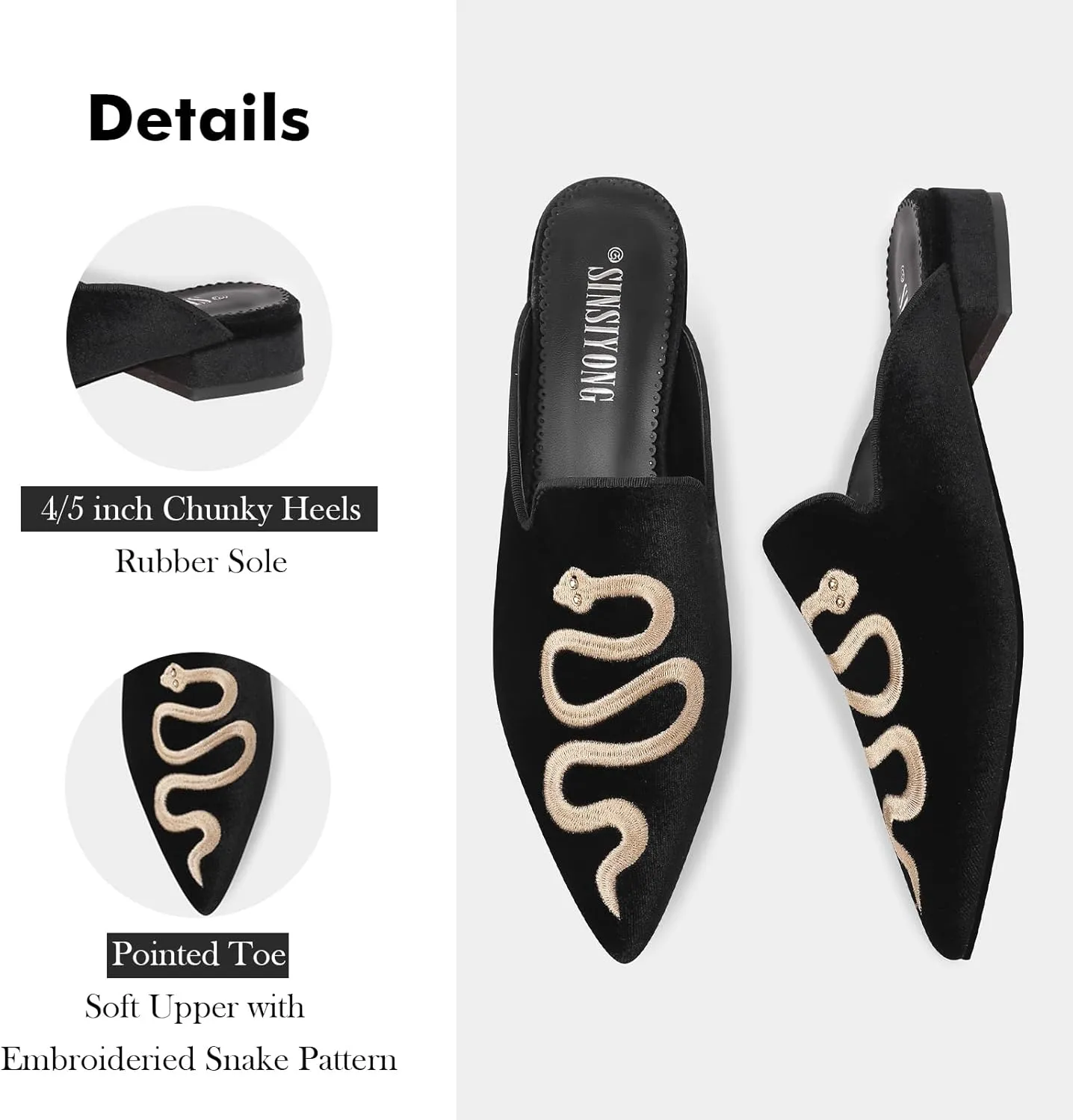 Embroidered Mules for Women Pointed Toe Backless Velvet Flats with Snake Pattern