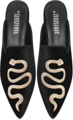 Embroidered Mules for Women Pointed Toe Backless Velvet Flats with Snake Pattern