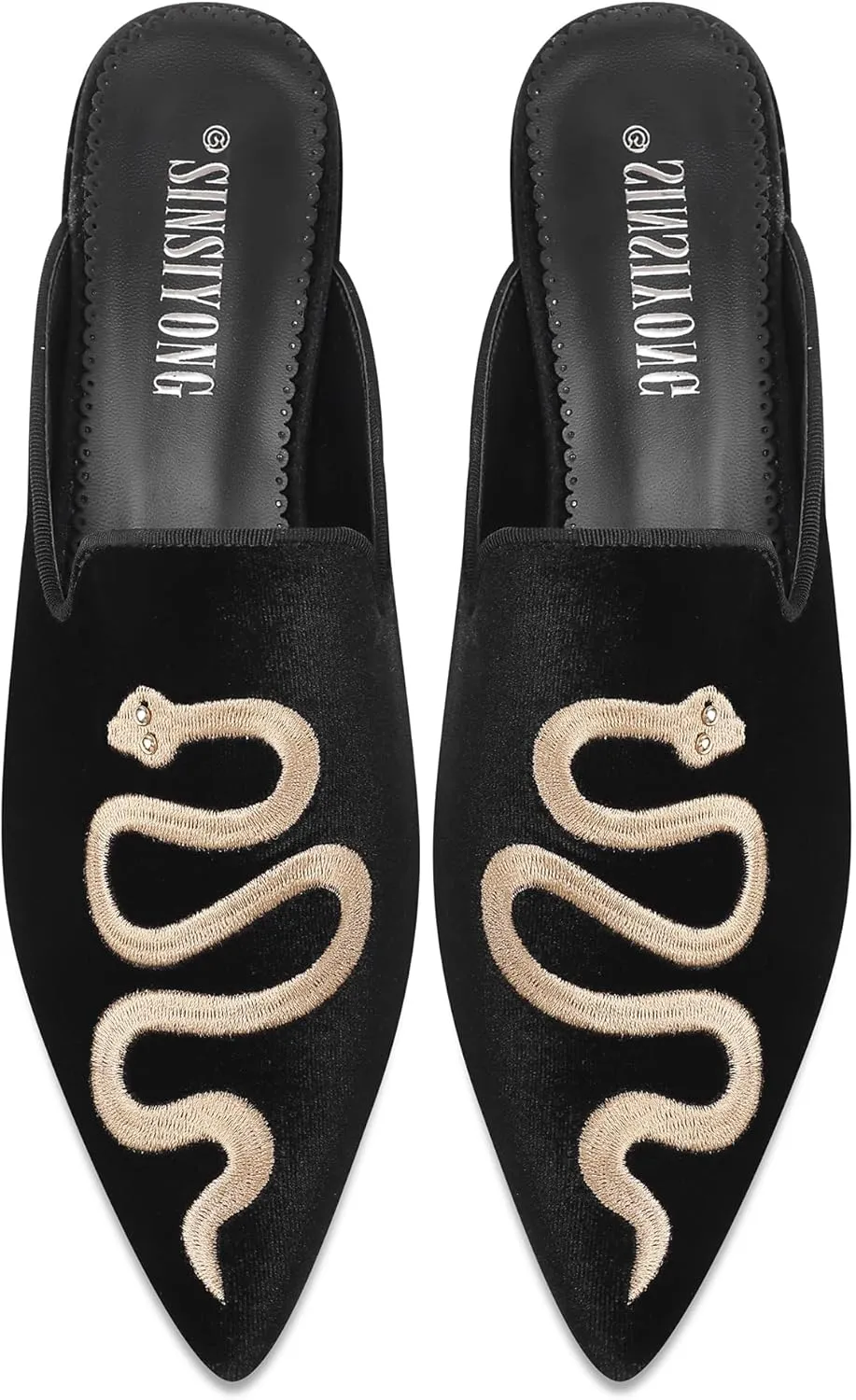 Embroidered Mules for Women Pointed Toe Backless Velvet Flats with Snake Pattern
