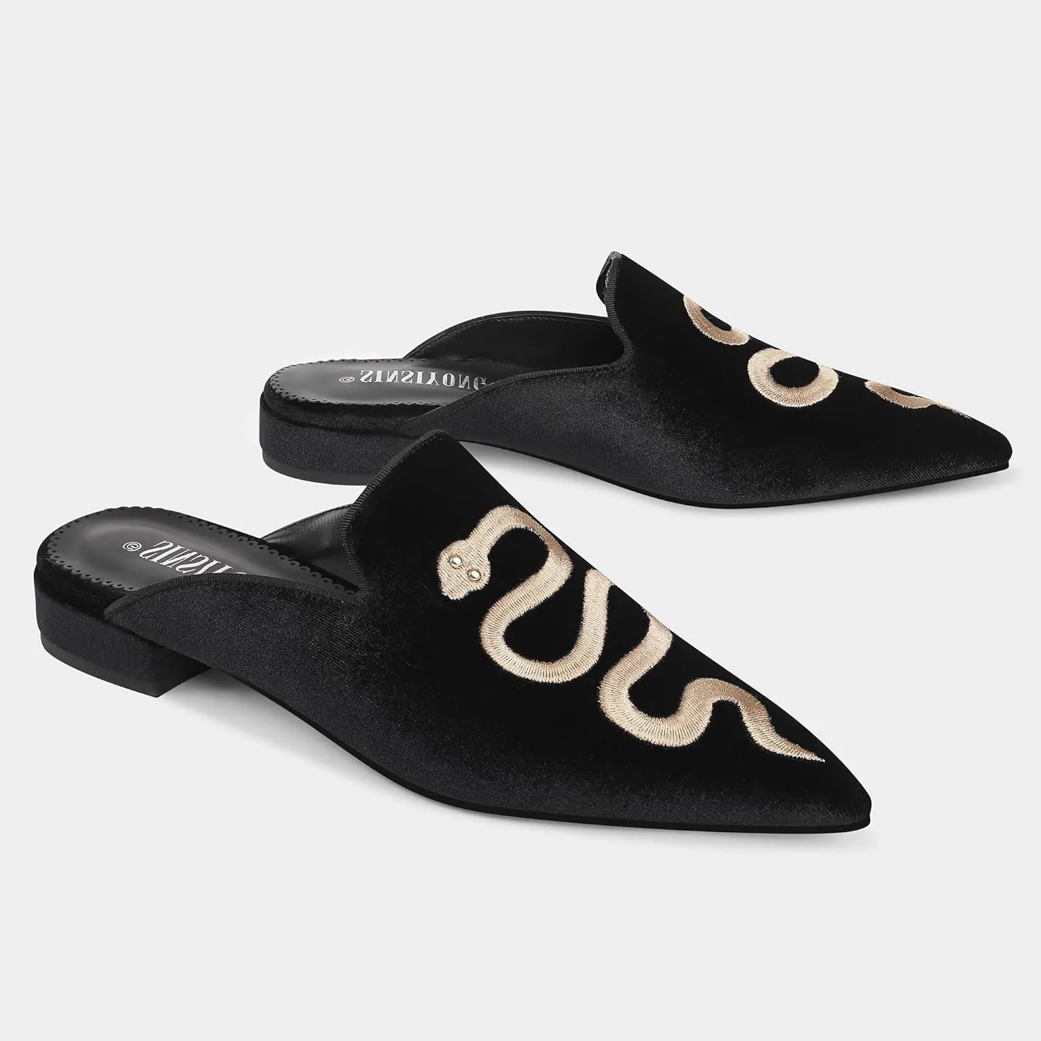 Embroidered Mules for Women Pointed Toe Backless Velvet Flats with Snake Pattern
