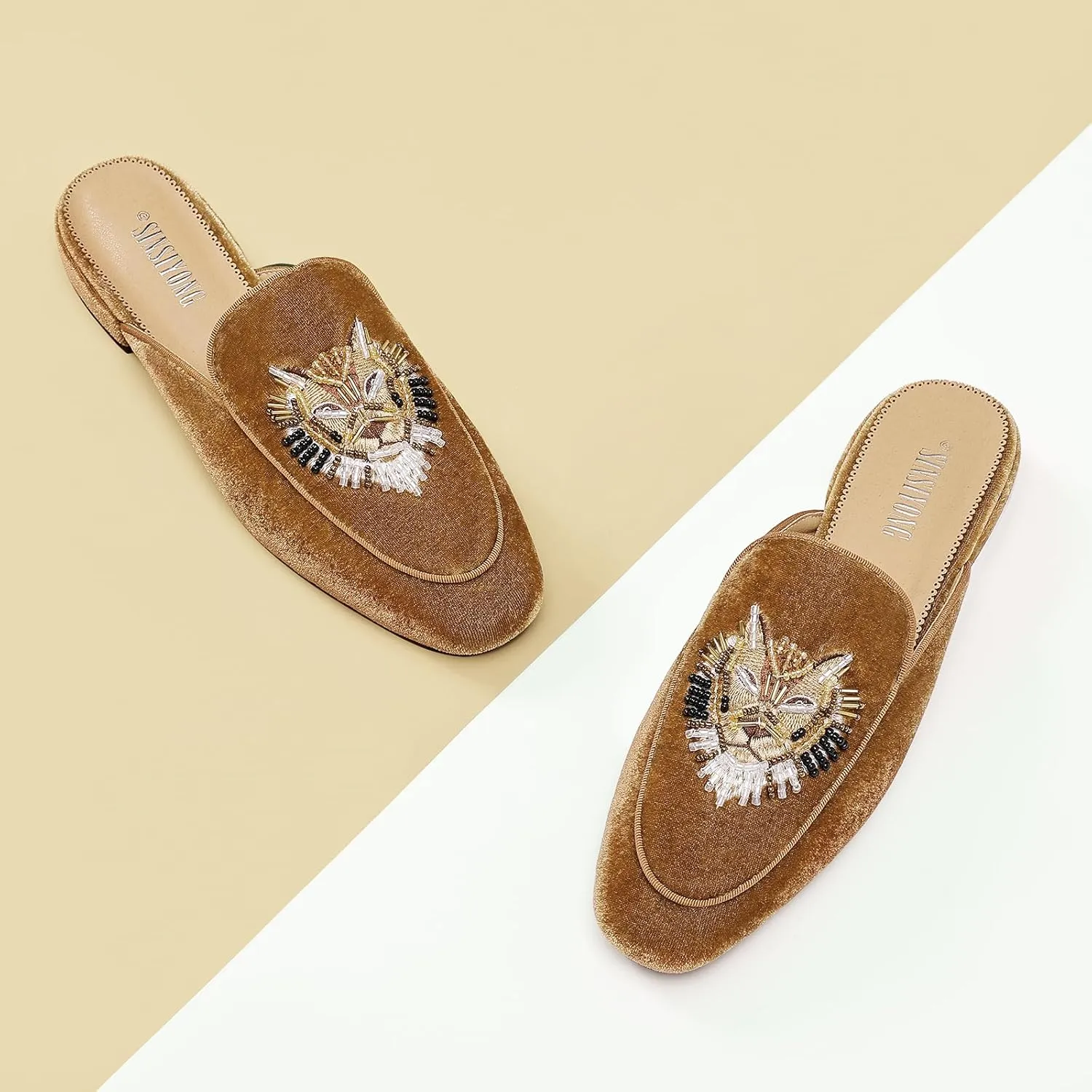 Embroidered Mules for Women Round Toe Backless Velvet Mules Tiger Head Pattern Loafers