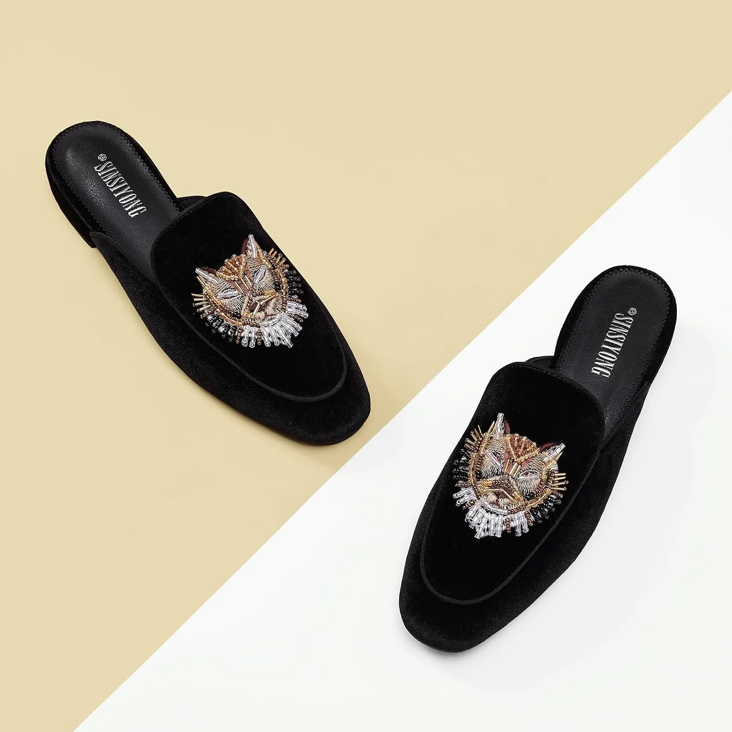 Embroidered Mules for Women Round Toe Backless Velvet Mules Tiger Head Pattern Loafers