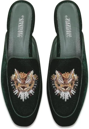 Embroidered Mules for Women Round Toe Backless Velvet Mules Tiger Head Pattern Loafers