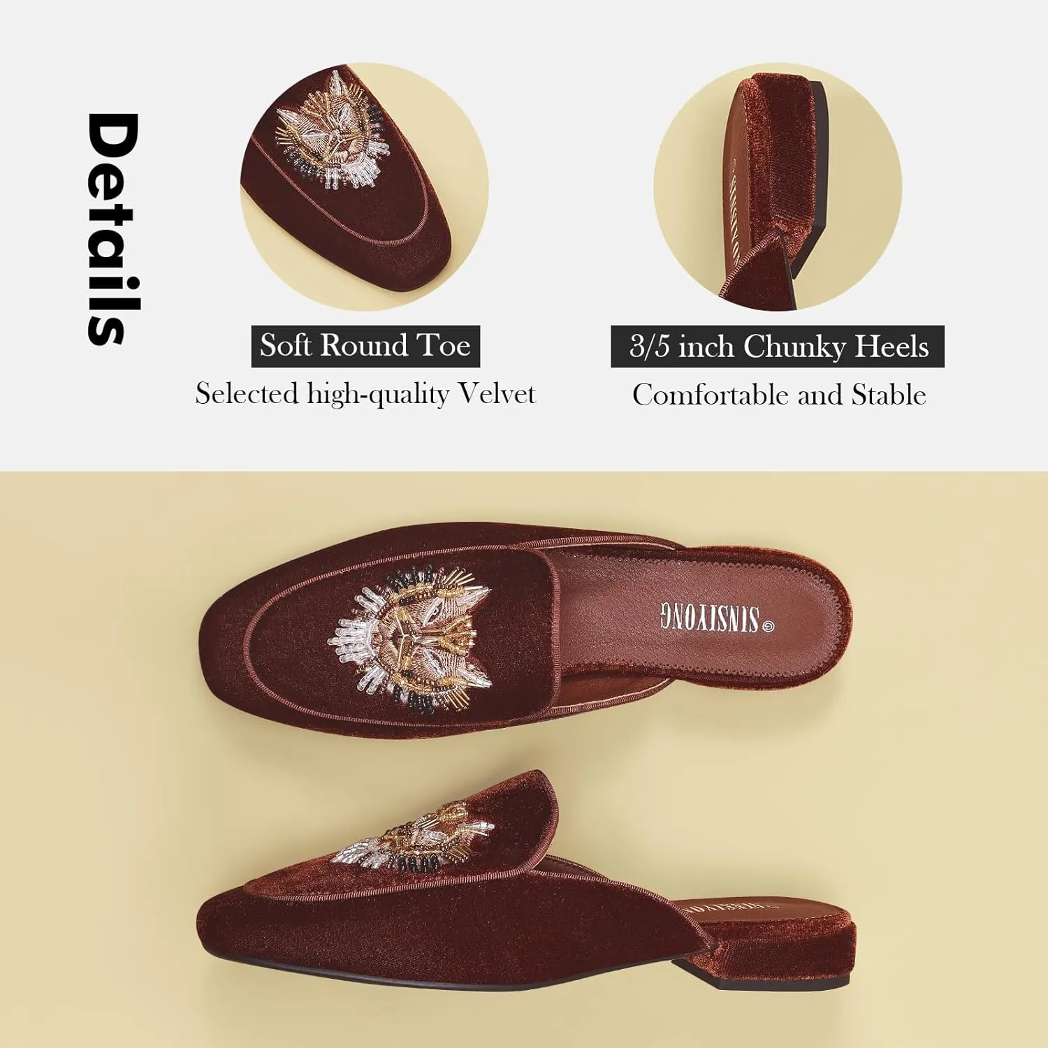 Embroidered Mules for Women Round Toe Backless Velvet Mules Tiger Head Pattern Loafers