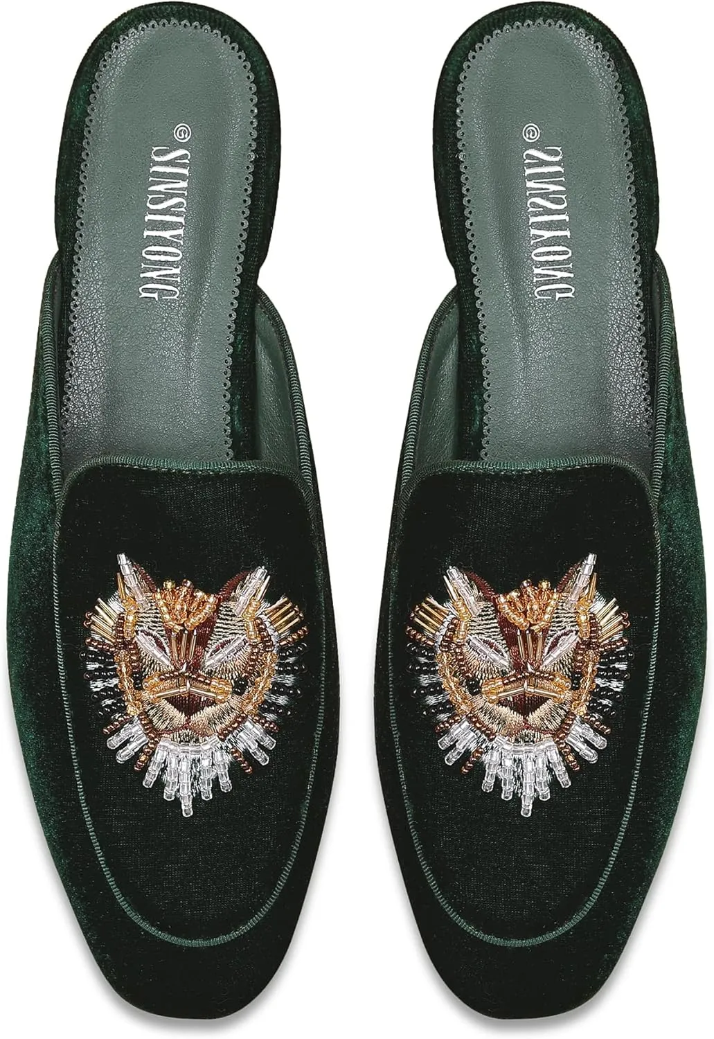 Embroidered Mules for Women Round Toe Backless Velvet Mules Tiger Head Pattern Loafers