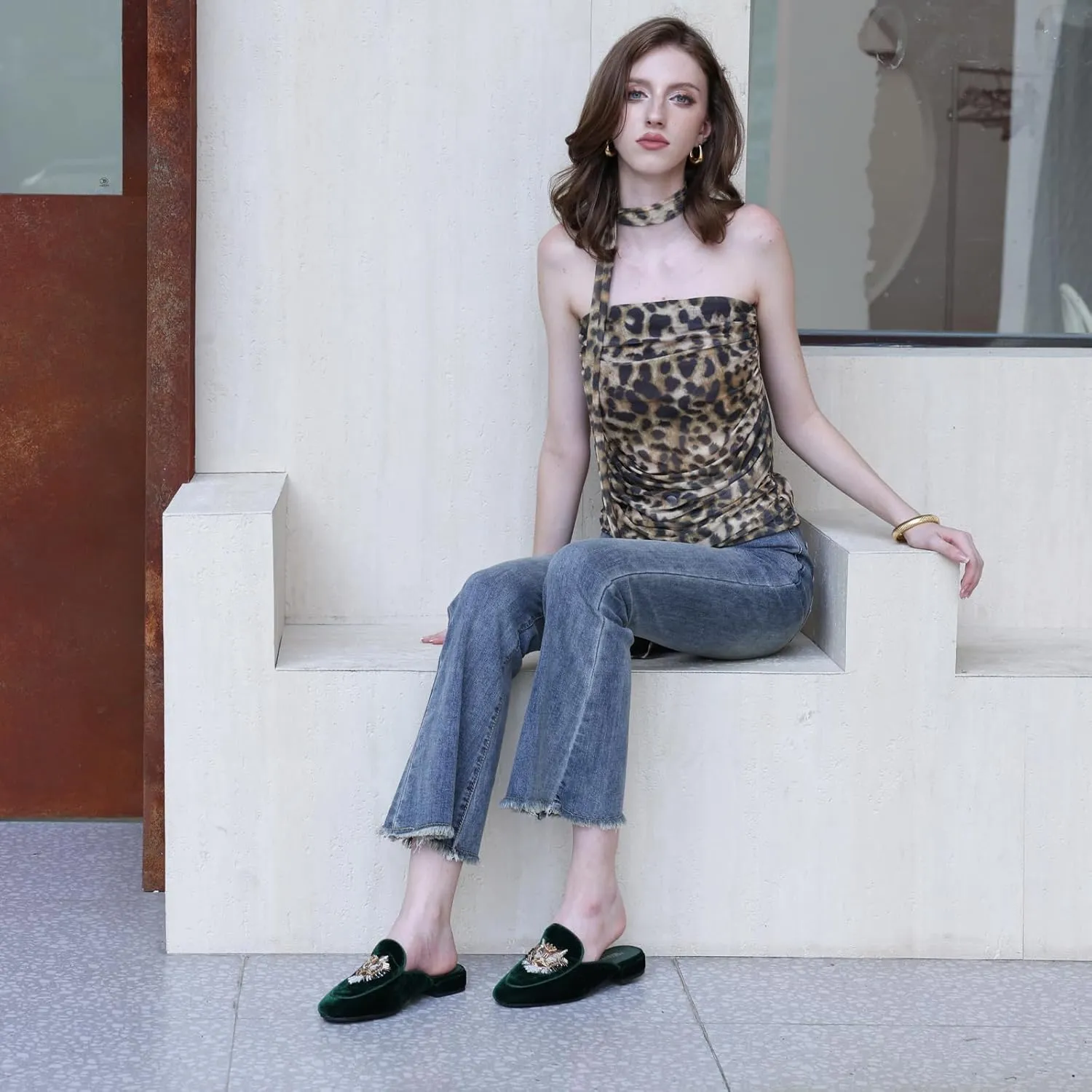 Embroidered Mules for Women Round Toe Backless Velvet Mules Tiger Head Pattern Loafers