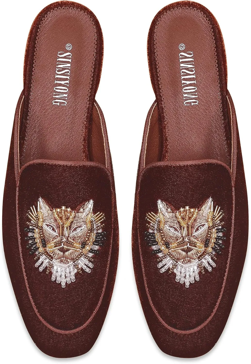 Embroidered Mules for Women Round Toe Backless Velvet Mules Tiger Head Pattern Loafers
