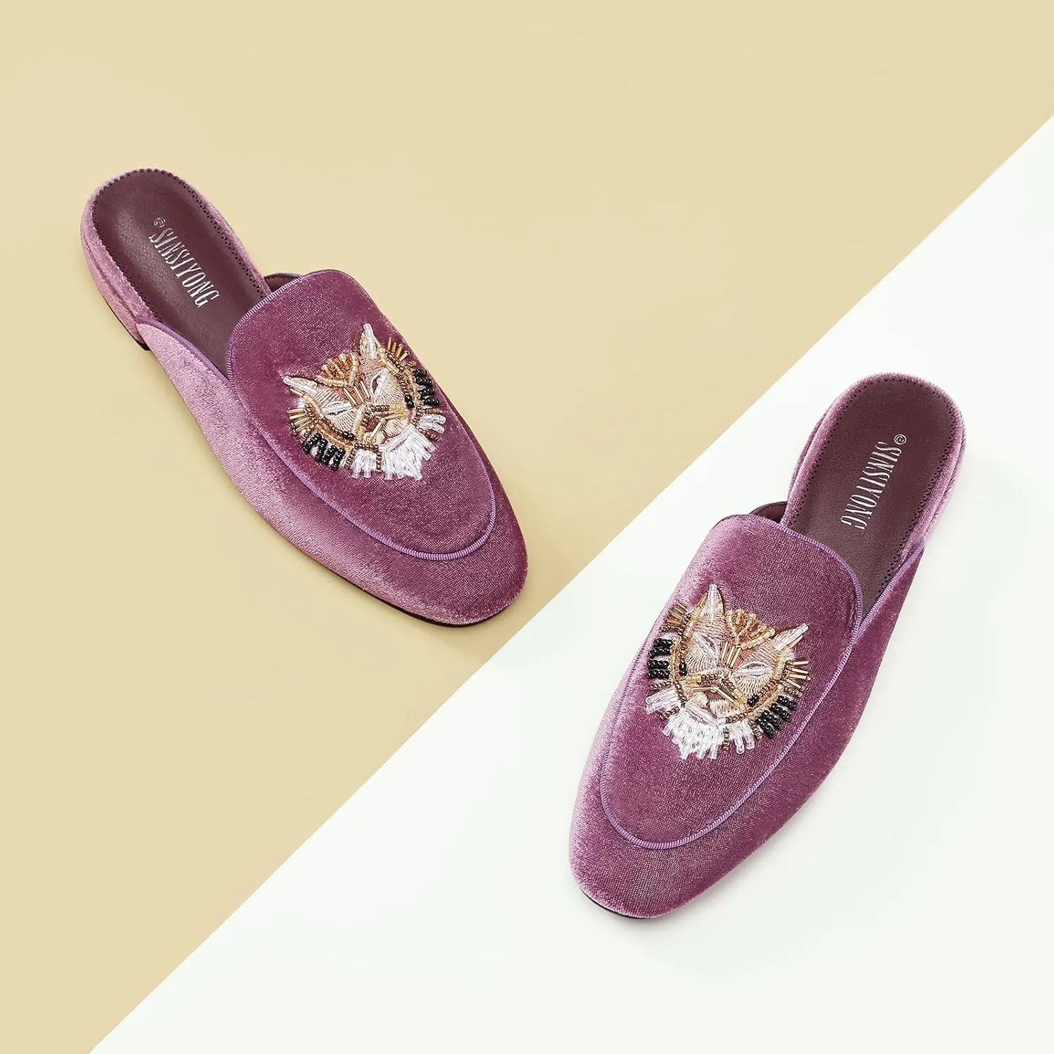 Embroidered Mules for Women Round Toe Backless Velvet Mules Tiger Head Pattern Loafers
