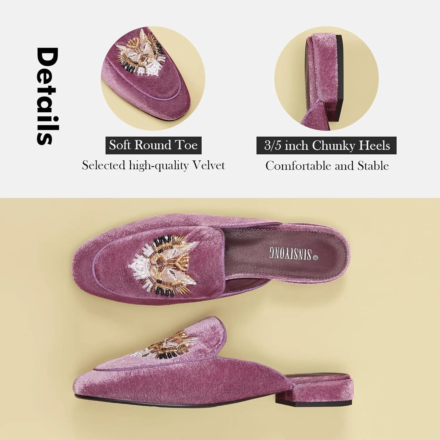 Embroidered Mules for Women Round Toe Backless Velvet Mules Tiger Head Pattern Loafers