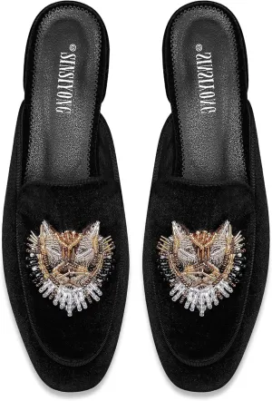 Embroidered Mules for Women Round Toe Backless Velvet Mules Tiger Head Pattern Loafers