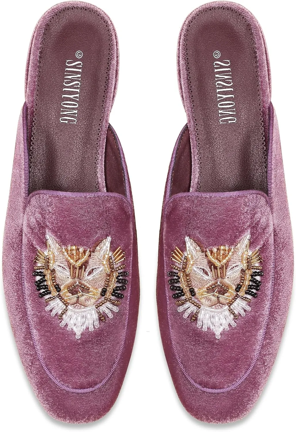 Embroidered Mules for Women Round Toe Backless Velvet Mules Tiger Head Pattern Loafers