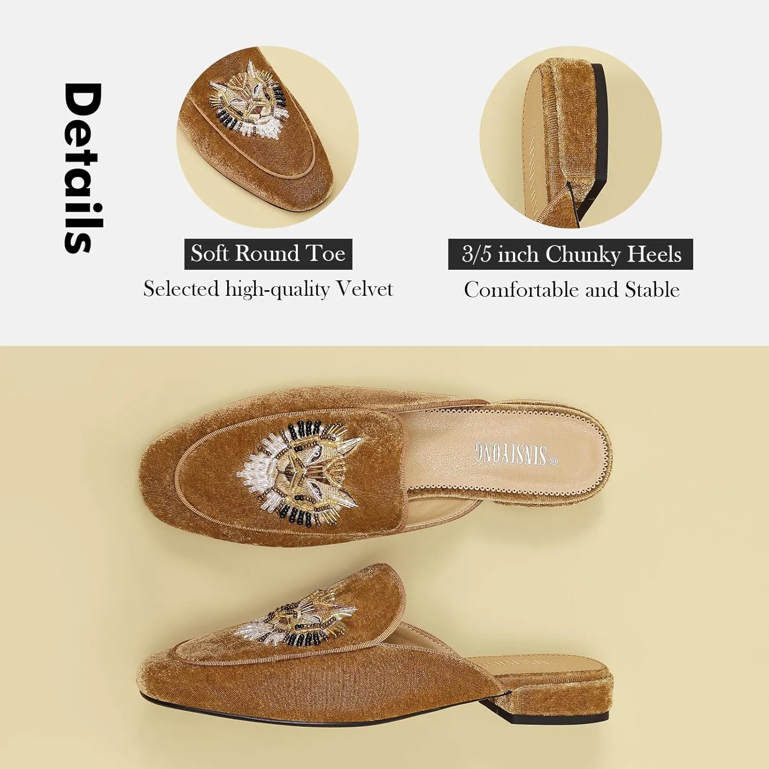 Embroidered Mules for Women Round Toe Backless Velvet Mules Tiger Head Pattern Loafers