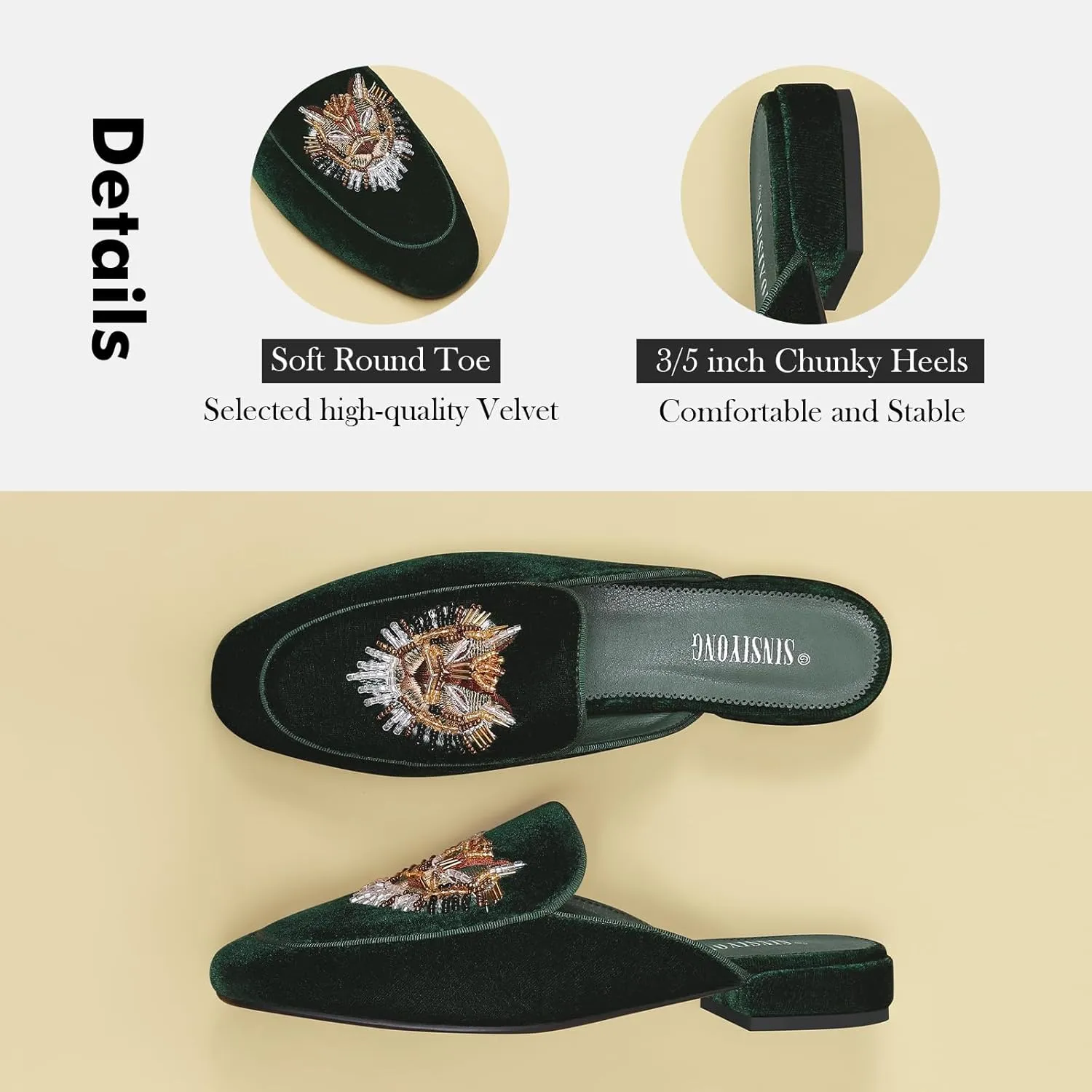Embroidered Mules for Women Round Toe Backless Velvet Mules Tiger Head Pattern Loafers