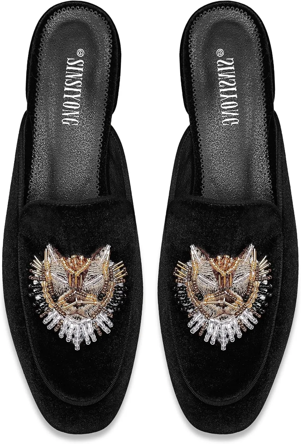 Embroidered Mules for Women Round Toe Backless Velvet Mules Tiger Head Pattern Loafers
