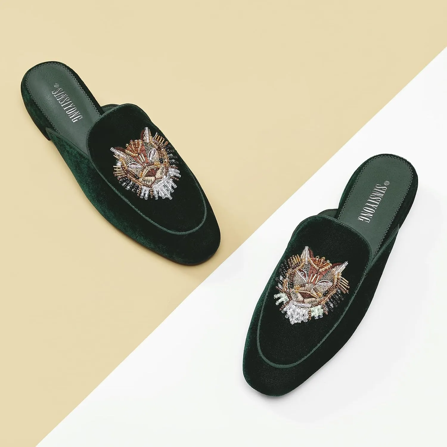 Embroidered Mules for Women Round Toe Backless Velvet Mules Tiger Head Pattern Loafers