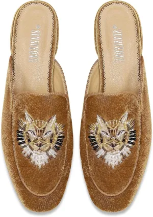 Embroidered Mules for Women Round Toe Backless Velvet Mules Tiger Head Pattern Loafers