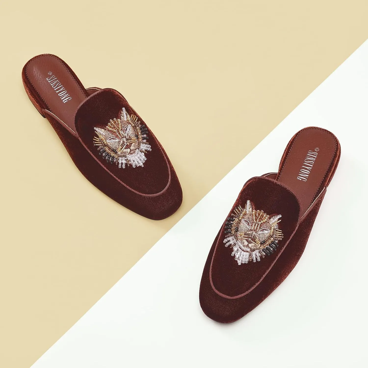 Embroidered Mules for Women Round Toe Backless Velvet Mules Tiger Head Pattern Loafers