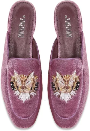 Embroidered Mules for Women Round Toe Backless Velvet Mules Tiger Head Pattern Loafers