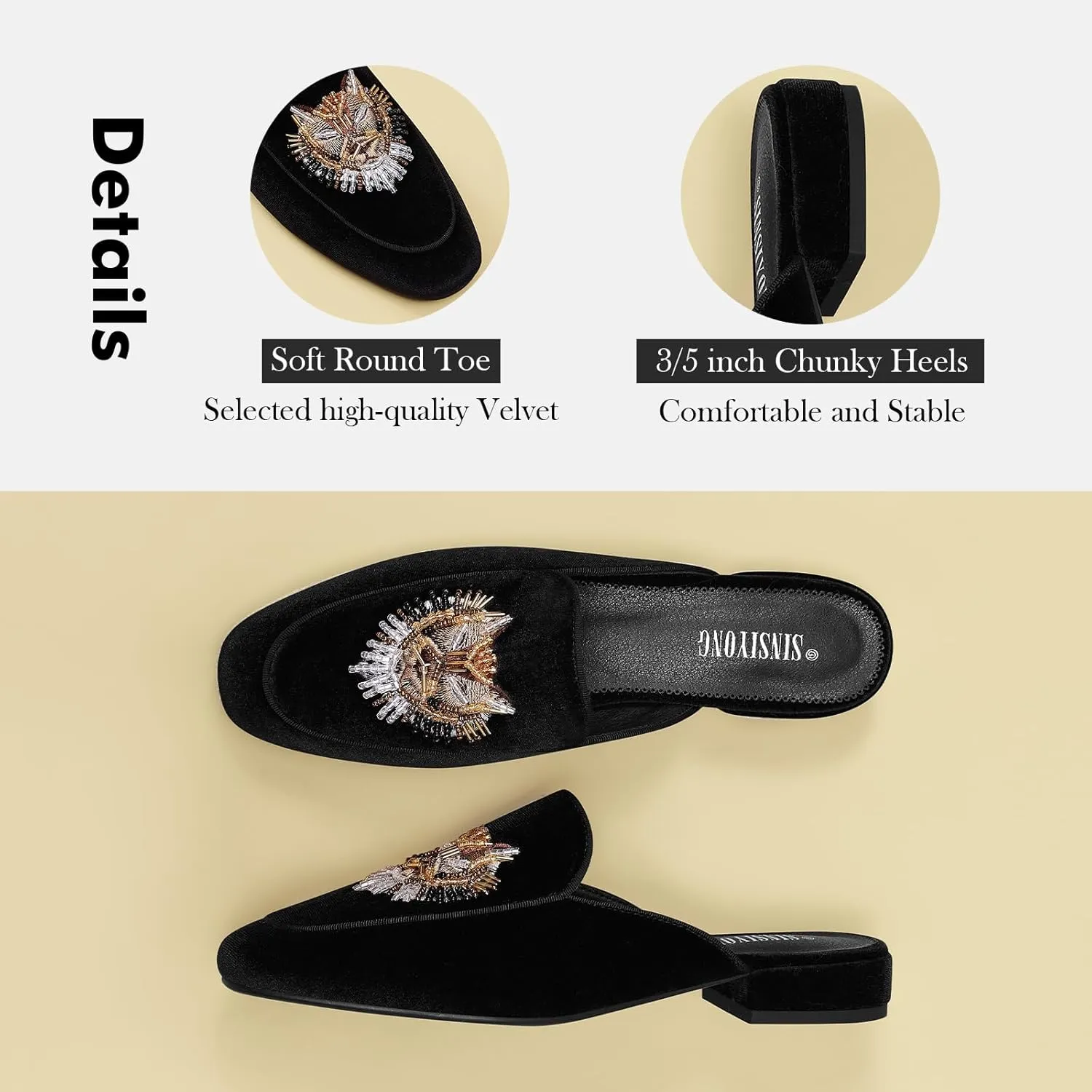 Embroidered Mules for Women Round Toe Backless Velvet Mules Tiger Head Pattern Loafers