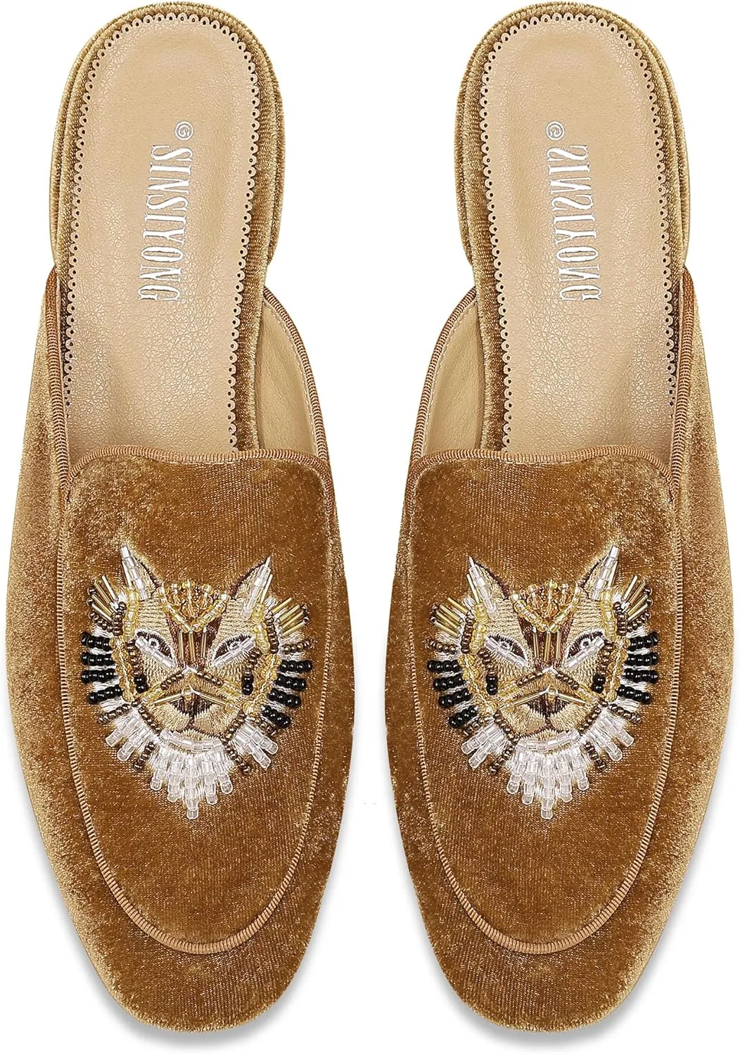 Embroidered Mules for Women Round Toe Backless Velvet Mules Tiger Head Pattern Loafers