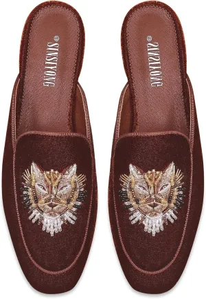 Embroidered Mules for Women Round Toe Backless Velvet Mules Tiger Head Pattern Loafers
