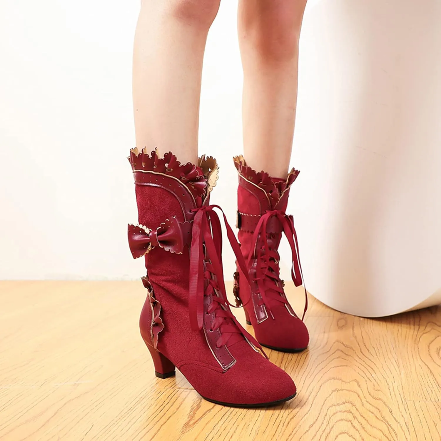 Erocalli Goth Boots Renaissance Victorian Shoes Sweet Bow Mid Calf Boots Mid Heels Lace Up Studded Bowknot ​Witch Boot
