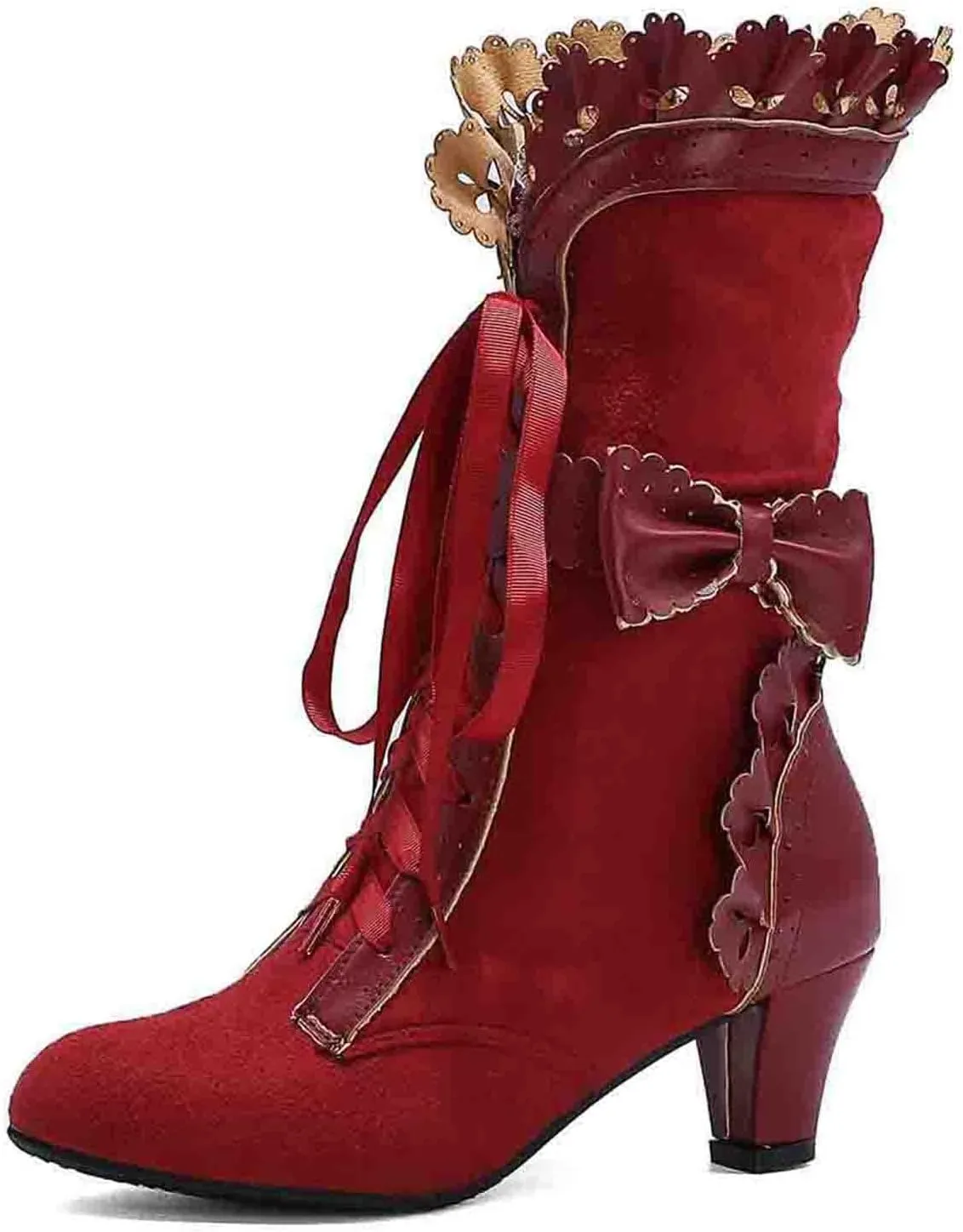 Erocalli Goth Boots Renaissance Victorian Shoes Sweet Bow Mid Calf Boots Mid Heels Lace Up Studded Bowknot ​Witch Boot