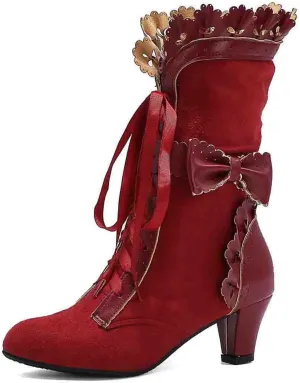 Erocalli Goth Boots Renaissance Victorian Shoes Sweet Bow Mid Calf Boots Mid Heels Lace Up Studded Bowknot ​Witch Boot
