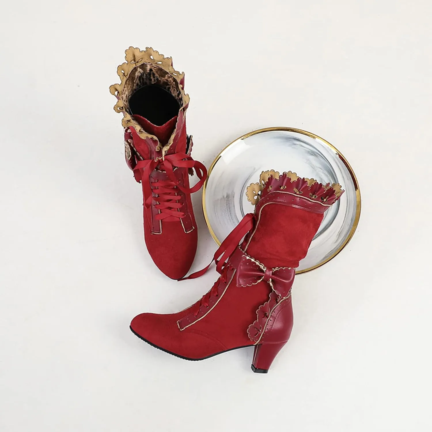 Erocalli Goth Boots Renaissance Victorian Shoes Sweet Bow Mid Calf Boots Mid Heels Lace Up Studded Bowknot ​Witch Boot