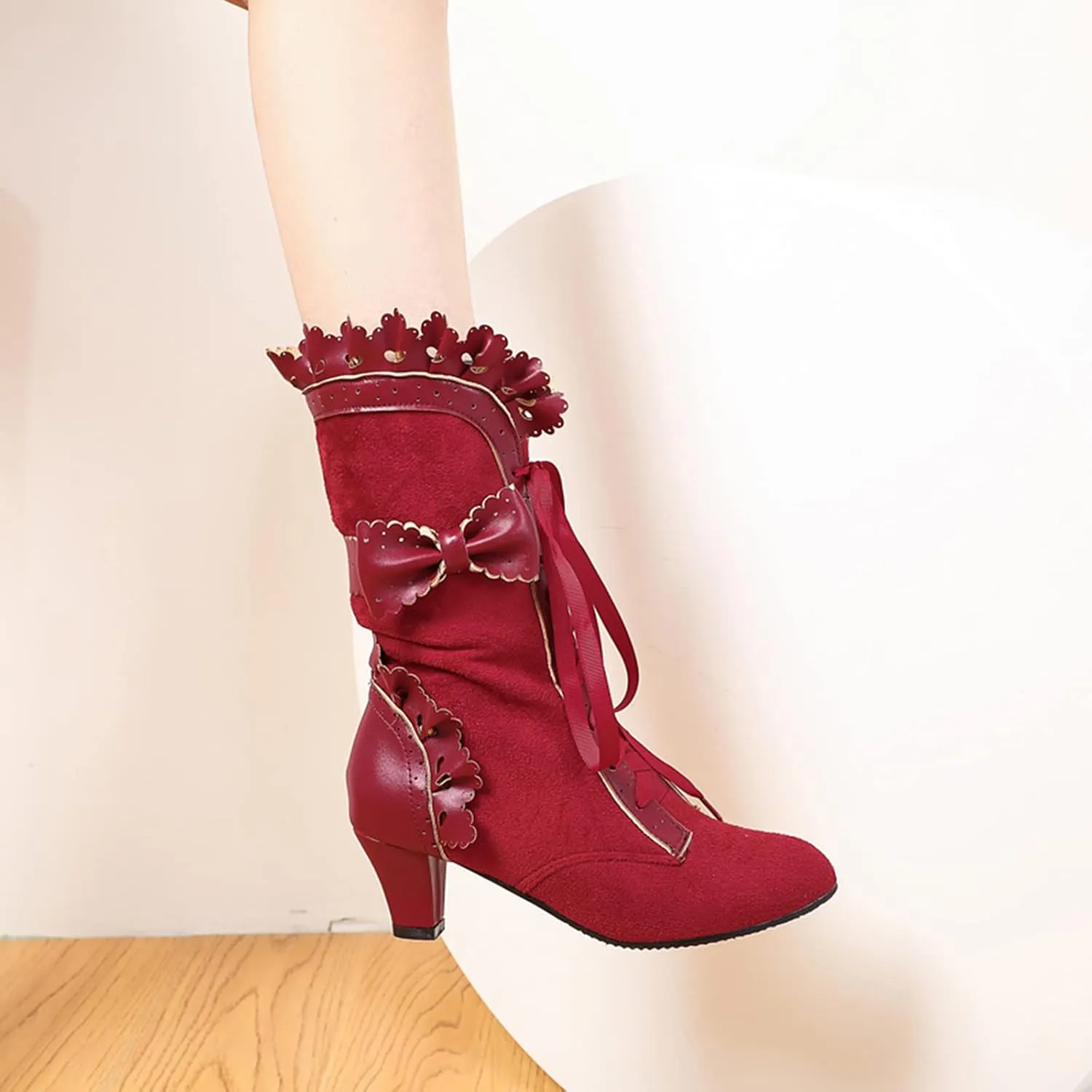 Erocalli Goth Boots Renaissance Victorian Shoes Sweet Bow Mid Calf Boots Mid Heels Lace Up Studded Bowknot ​Witch Boot