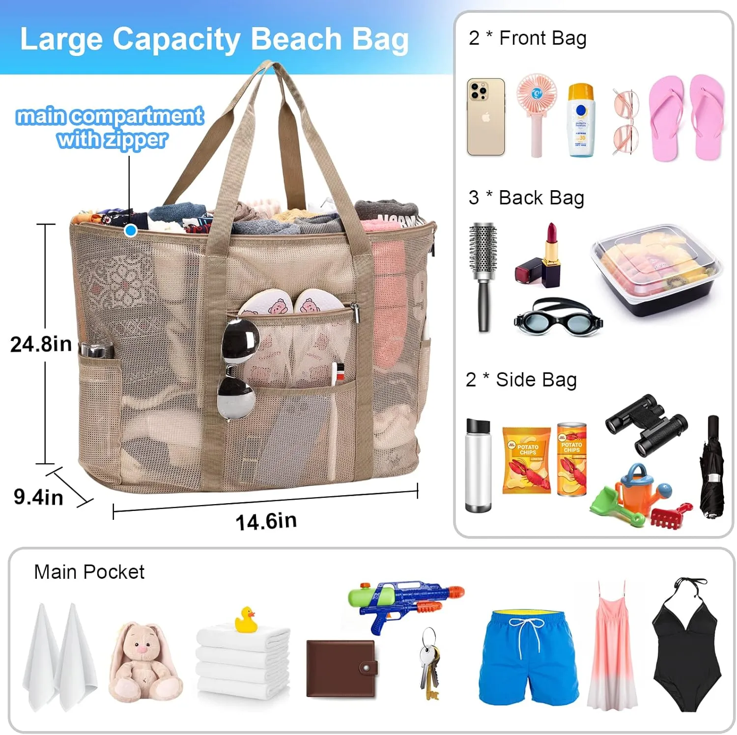 Eslcorri Mesh Beach Tote - Extra Large Beach Bag with 11 Pockets Foldable Tote Bag Women Oversized Pool Bag Travel Essentials