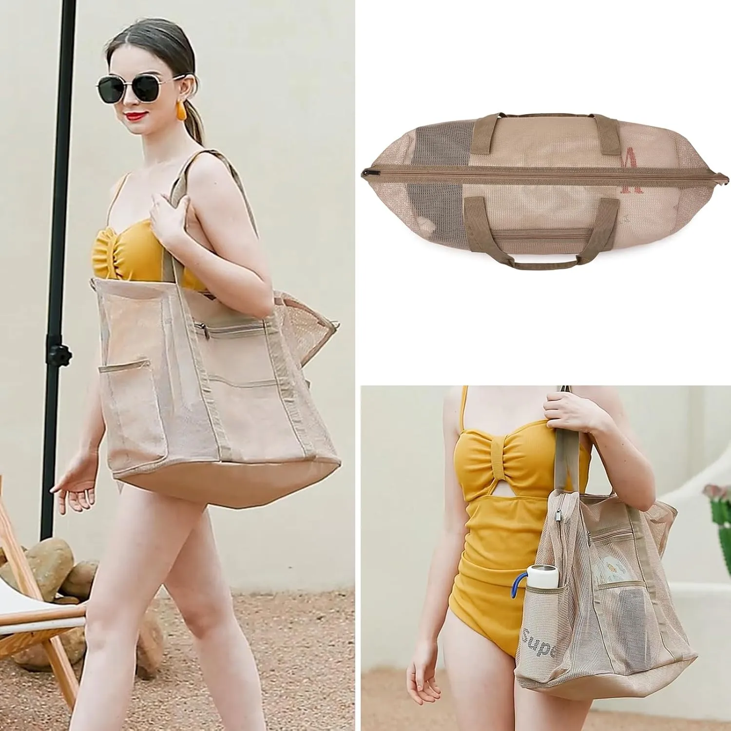 Eslcorri Mesh Beach Tote - Extra Large Beach Bag with 11 Pockets Foldable Tote Bag Women Oversized Pool Bag Travel Essentials