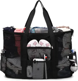 Eslcorri Mesh Beach Tote - Extra Large Beach Bag with 11 Pockets Foldable Tote Bag Women Oversized Pool Bag Travel Essentials
