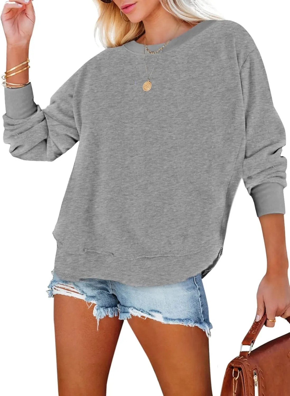 EVALESS Sweatshirt for Women Casual Solid Color Crewneck Long Sleeve Side Split Tops Loose Fit Pullover Shirts