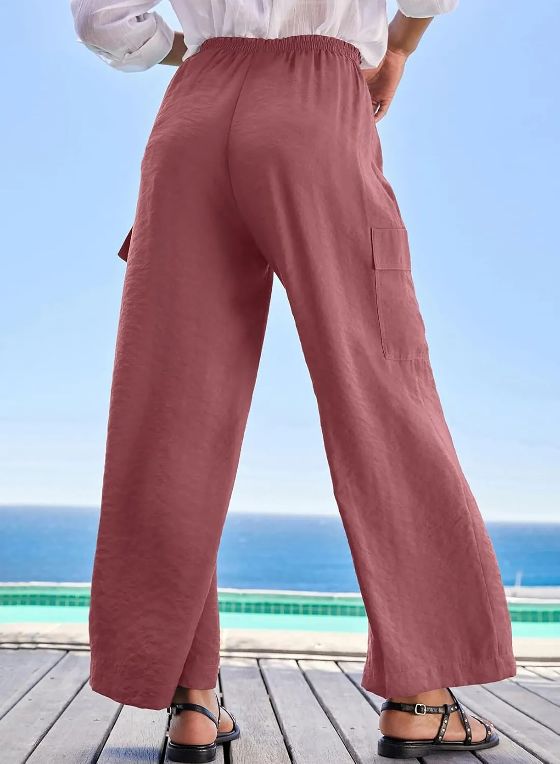 EVALESS Women Palazzo Pants Summer Casual Wide Leg High Waist Lounge Flowy Beach Trousers Travel Vacation Outfits