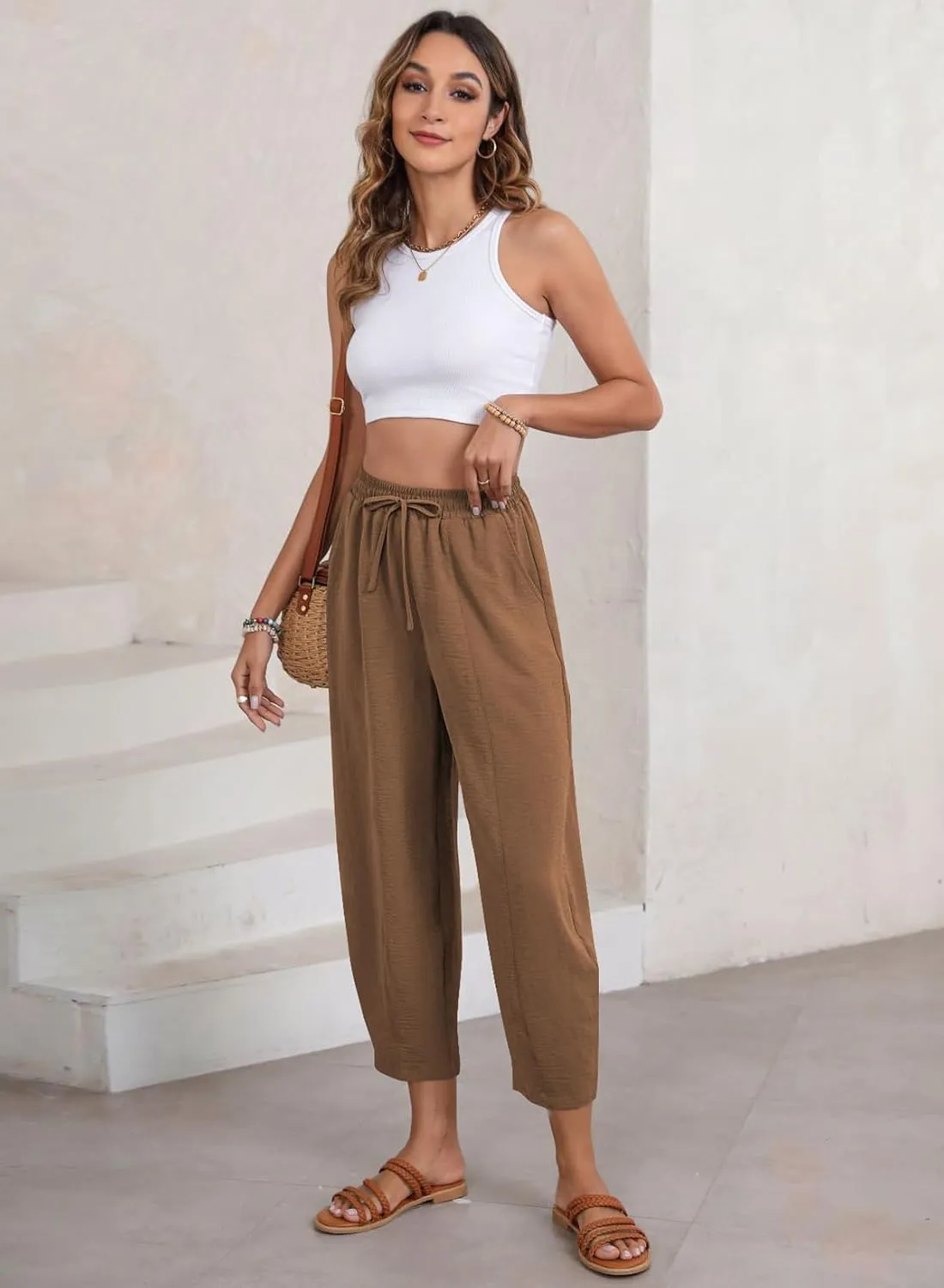 EVALESS Women's Summer High Waisted Baggy Pants Casual Ankle Length Trouser Slacks with Pockets