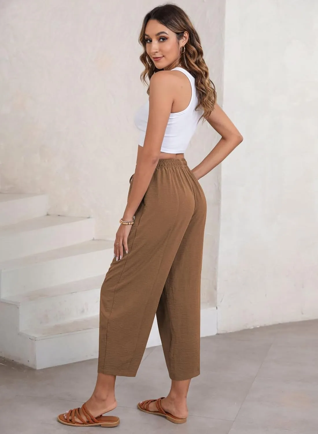 EVALESS Women's Summer High Waisted Baggy Pants Casual Ankle Length Trouser Slacks with Pockets