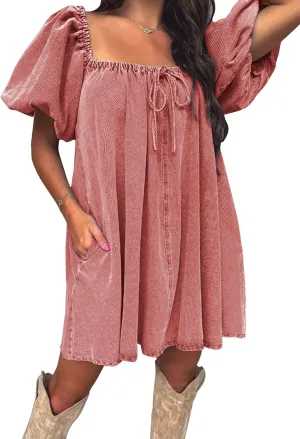 EXLURA Womens Summer Denim Short Puff Sleeve Dresses Knit Loose Plus Size Short Mini Dress 2025 Trendy Outfit