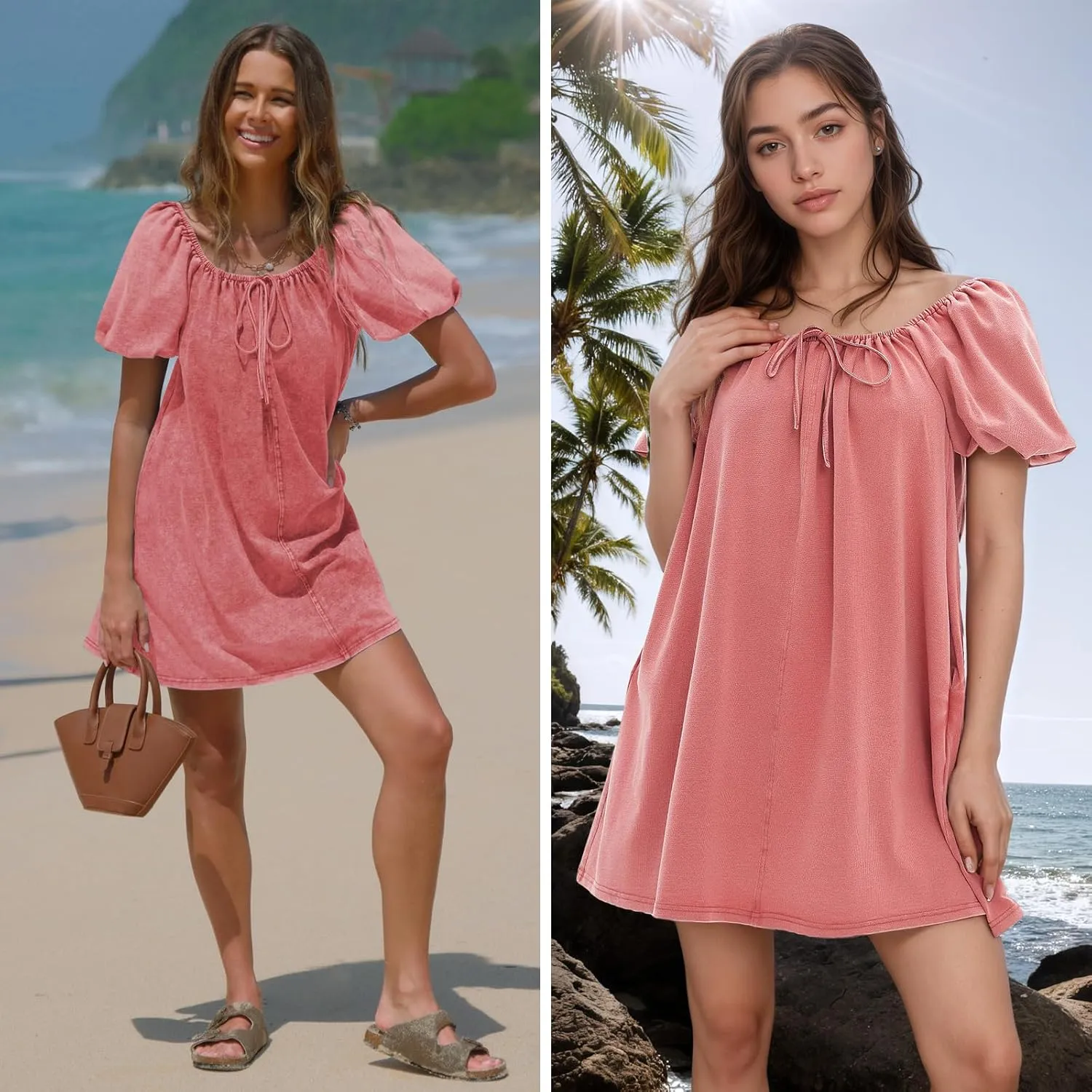 EXLURA Womens Summer Denim Short Puff Sleeve Dresses Knit Loose Plus Size Short Mini Dress 2025 Trendy Outfit