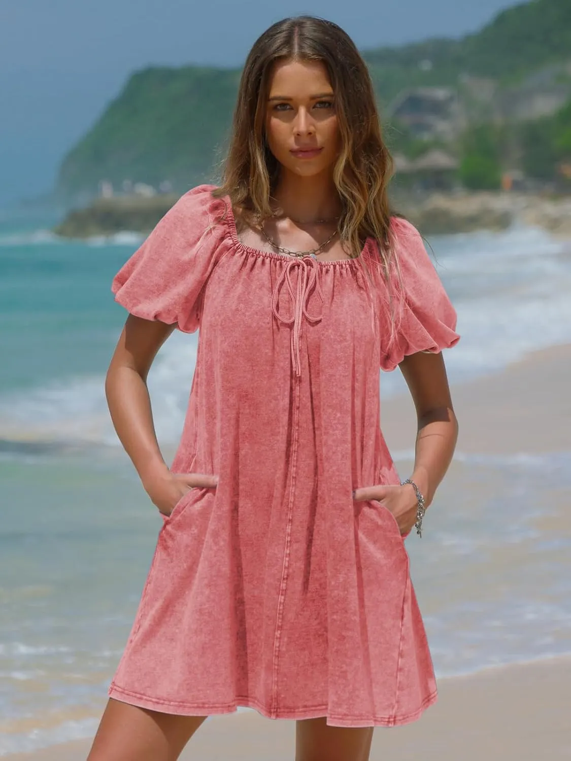 EXLURA Womens Summer Denim Short Puff Sleeve Dresses Knit Loose Plus Size Short Mini Dress 2025 Trendy Outfit